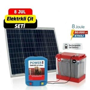 Güneş paneli, jel batarya ve 8 Joule Power elektrikli çit cihazından oluşan tam koruma seti