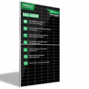 Power Enerji mühendislik standartlarında Set Solar Galvani 600W Topcon güneş paneli; Bifacial (Çift Yönlü) hücre yapısı, N-Type teknoloji mimarisi ve yüksek verimli gümüş busbar tasarımını gösteren teknik ürün görseli. Zemin yansımasından (Albedo) enerji üreten arka yüzey ve 2026 enerji verimlilik standartlarını temsil eden profesyonel panel görünümü.