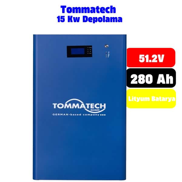 Power Enerji uzmanlığıyla doğrulanan Tommatech 51.2V 280Ah Lityum Akü. 15 kW yüksek deşarj kapasitesi ve LiFePO4 teknolojisi ile Türkiye'nin enerji depolama altyapısına uygun teknik yapı.