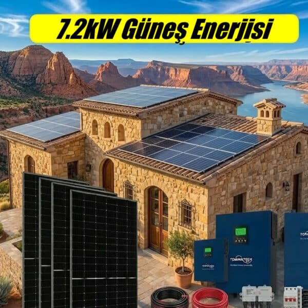 7.2 kW ev için güneş enerji elektrik üretimi seti; 8 adet 620W güneş paneli, Tommatech 7.2kW MPPT inverter ve 10.2kWh LiFePO4 lityum batarya bileşenlerini içerir.