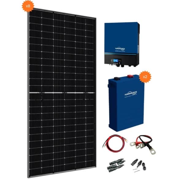 7.2 kW ev için güneş enerji elektrik üretimi seti; 8 adet 620W güneş paneli, Tommatech 7.2kW MPPT inverter ve 10.2kWh LiFePO4 lityum batarya bileşenlerini içerir.