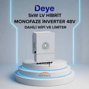 Deye 5 kW 48V Monofaze LV Hibrit İnverter önden görünüşü ve renkli dokunmatik ekranı