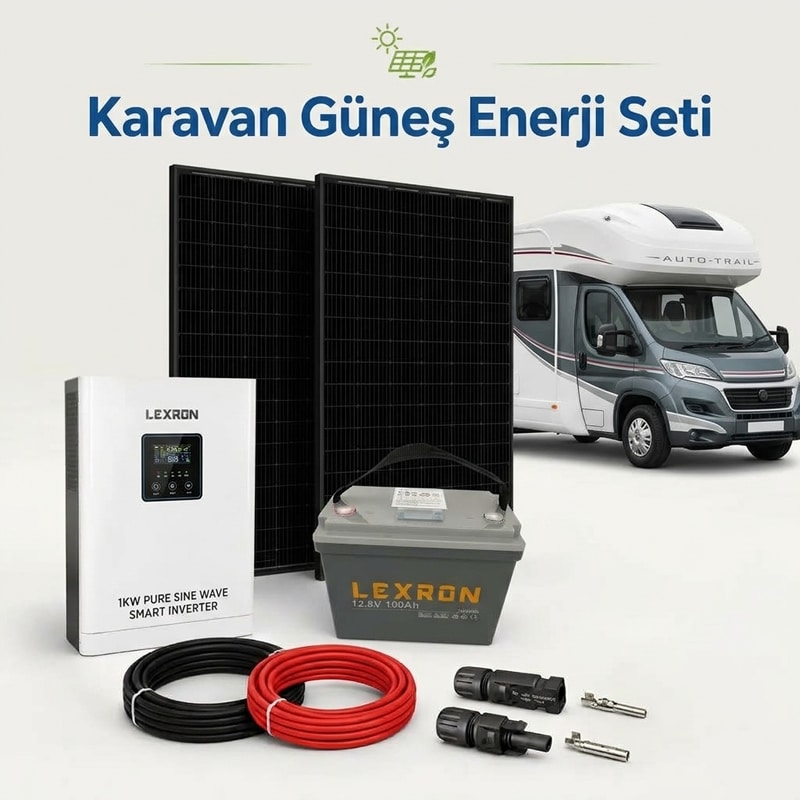 Karavan Güneş Paneli Seti 2x240W Panel + 1kW İnverter + 100Ah Lityum Batarya (Günlük 2.5 kWh - 3.6 kWh Üretim)