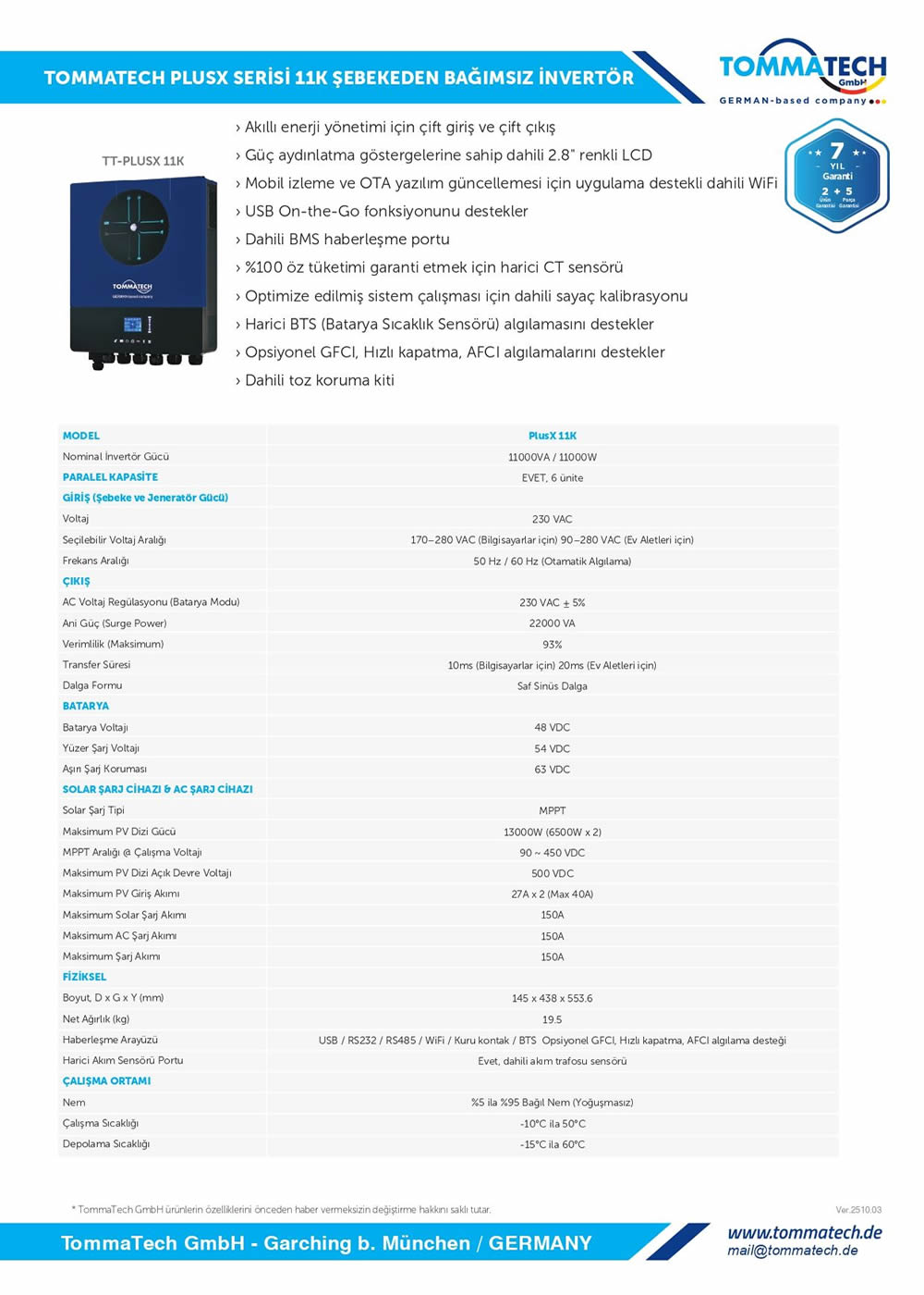 TommaTech PlusX 11 kW 48V Dual MPPT Akıllı İnverter Off-Grid Akü Şarjlı Hibrit Inverter